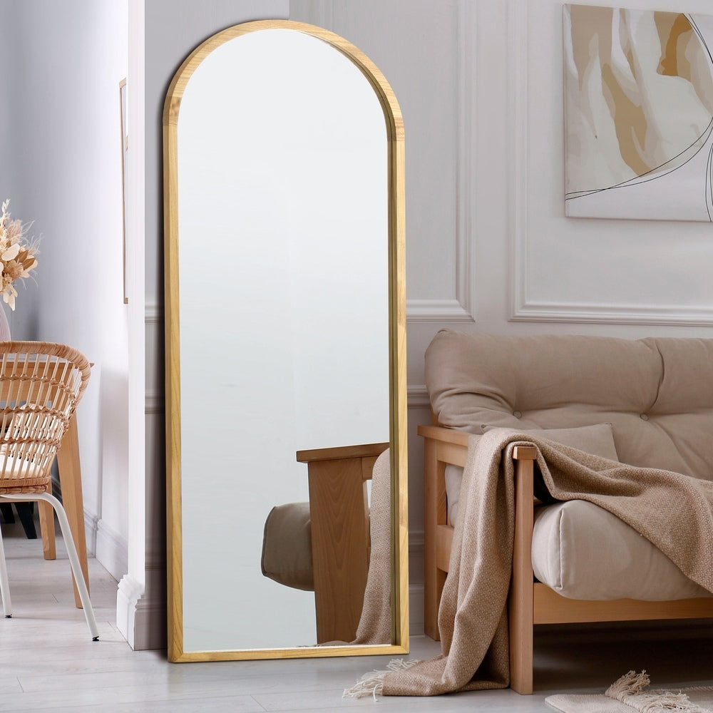 Light Brown Arched Wooden Full Length Mirror