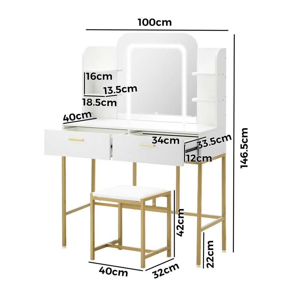 The Vicky White and Gold Dressing Table and Stool Set with LED Mirror Vanity.