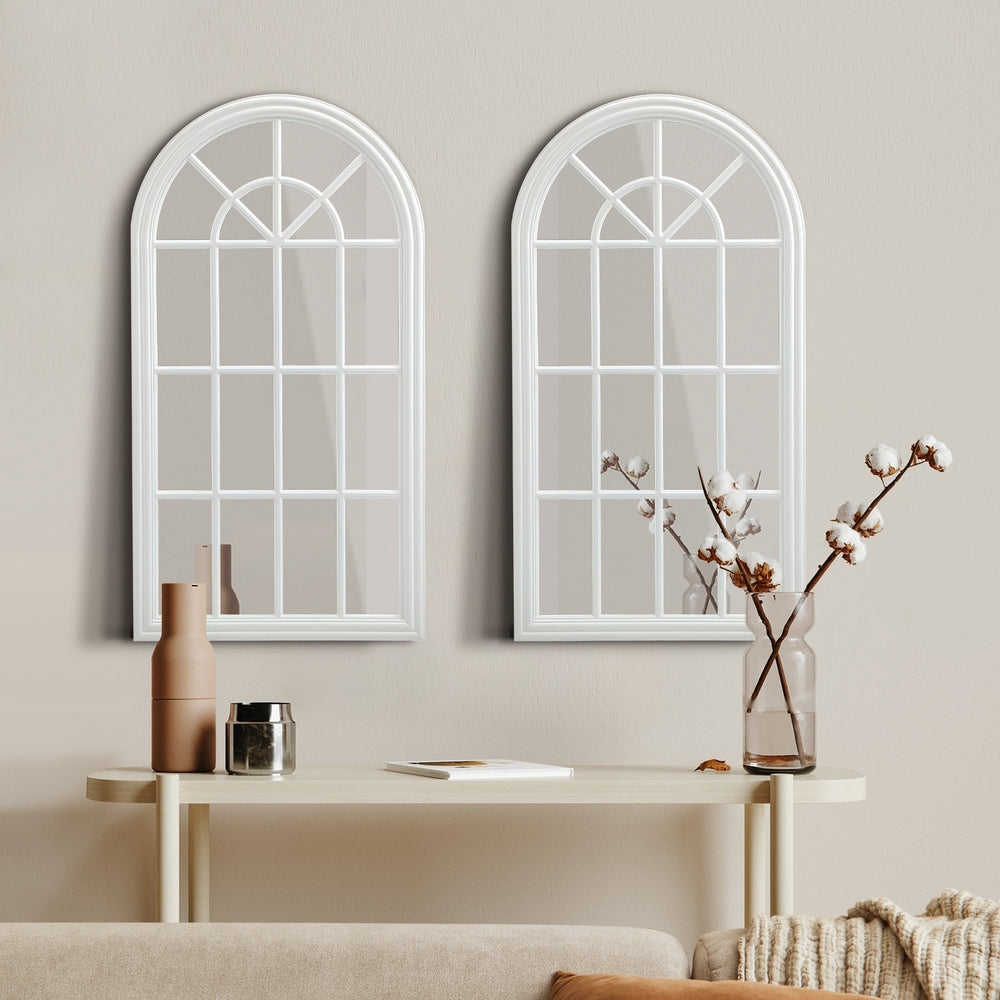 White Wooden Arched Window Wall Mirror.