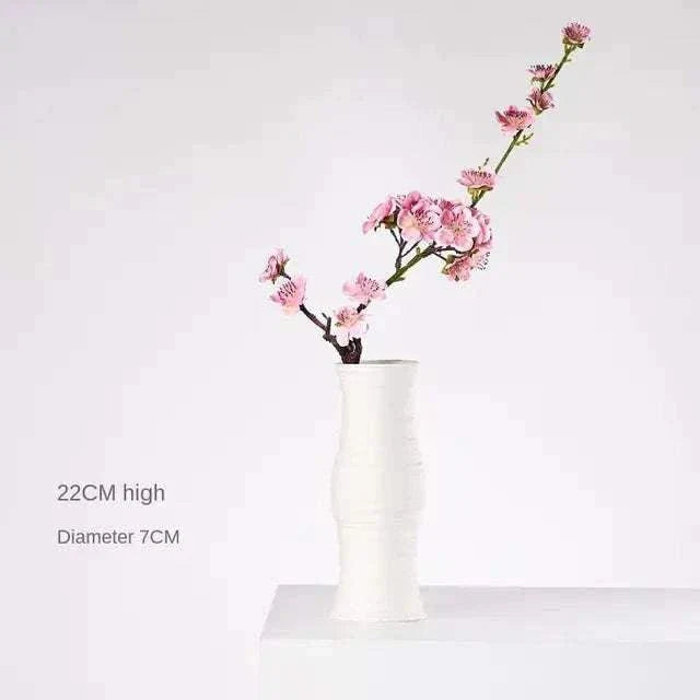 White hemp rope ceramic vase with pink blossoms, 22cm high and 7cm diameter, modern minimalistic decor