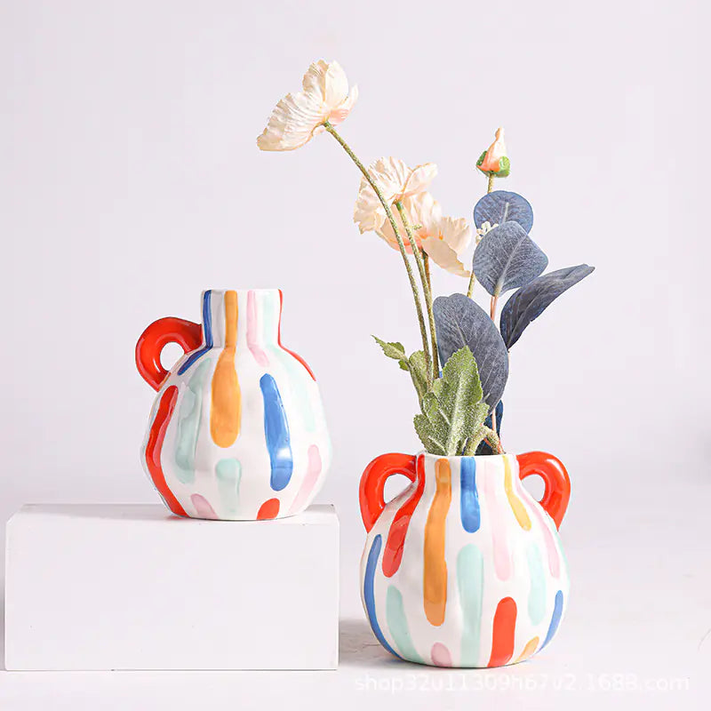 Colorful Ceramic Vase with Cute Vertical Stripes Design