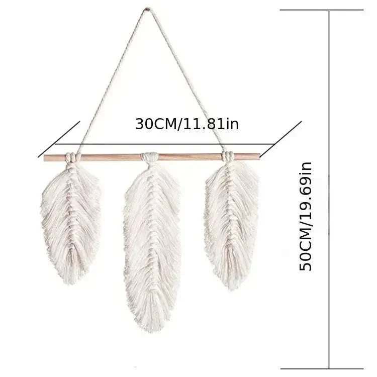 Bohemian woven leaf wall hanging with three cotton feather designs in natural beige, 30x50 cm size, Nordic-inspired decor accessory.