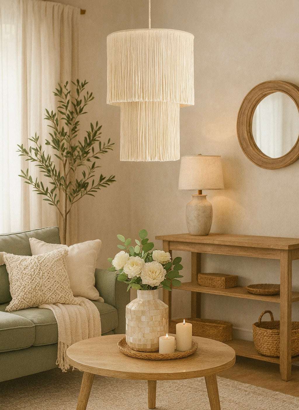 Bohemian tapestry lampshade with handcrafted tassels in a cozy Scandinavian-style living room setting