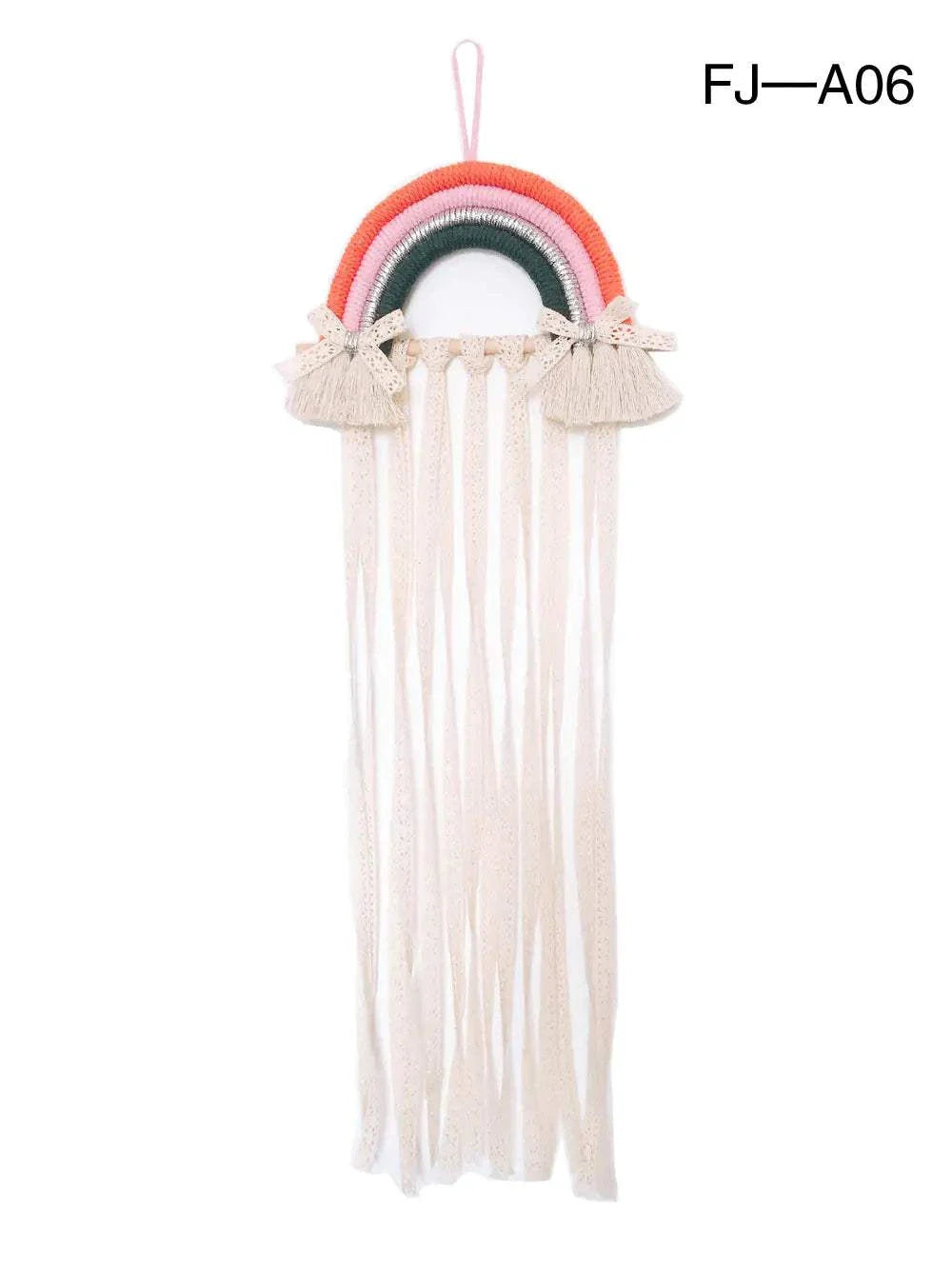 Nordic style woven rainbow hair clip organizer rack with hanging cotton rope and tassels