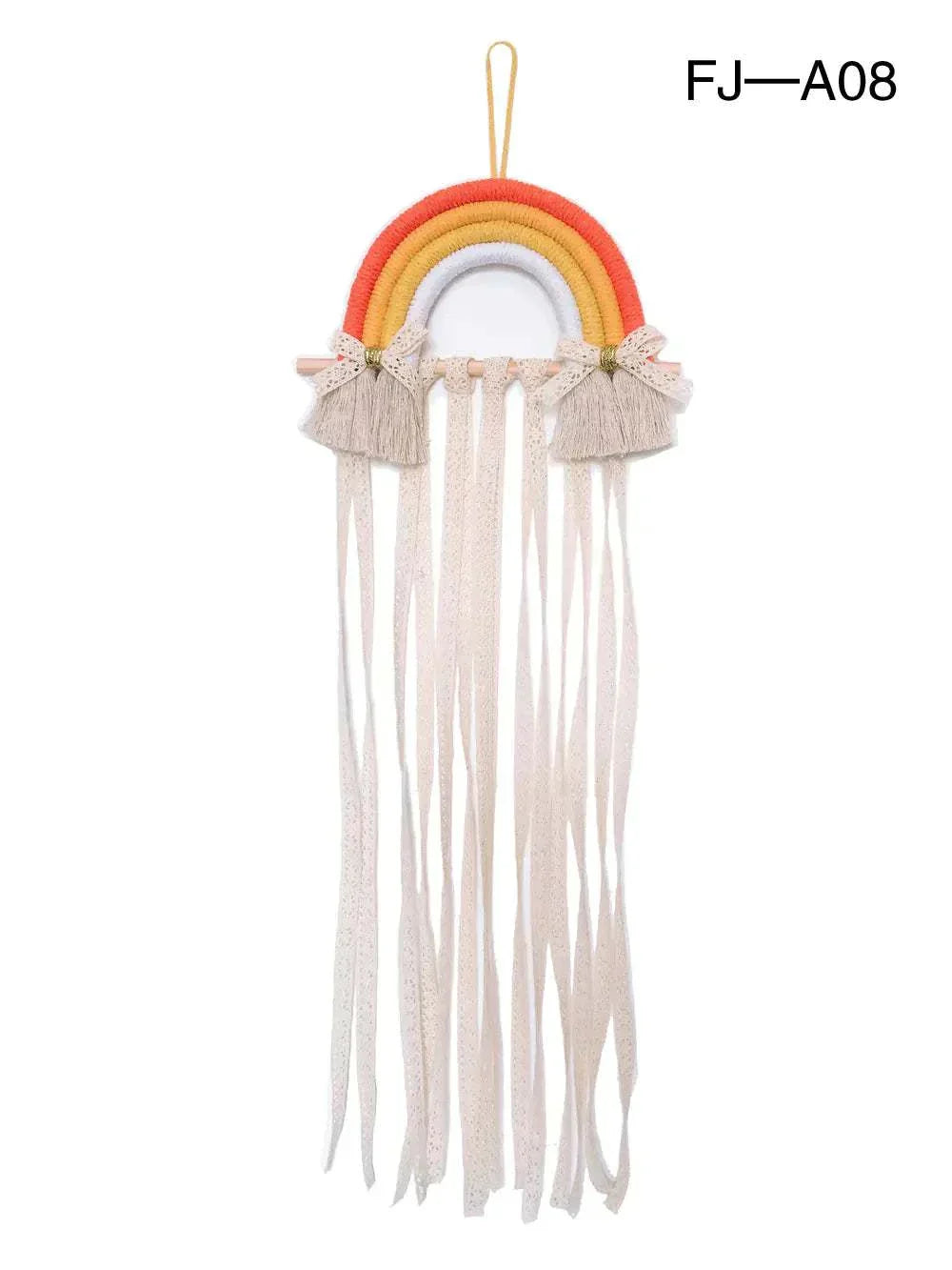 Nordic style woven rainbow hair clip organizer rack with hanging loops and cotton rope tassels