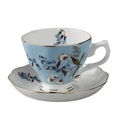 Bone China British Afternoon Tea Set cup and saucer with blue floral design and gold trim