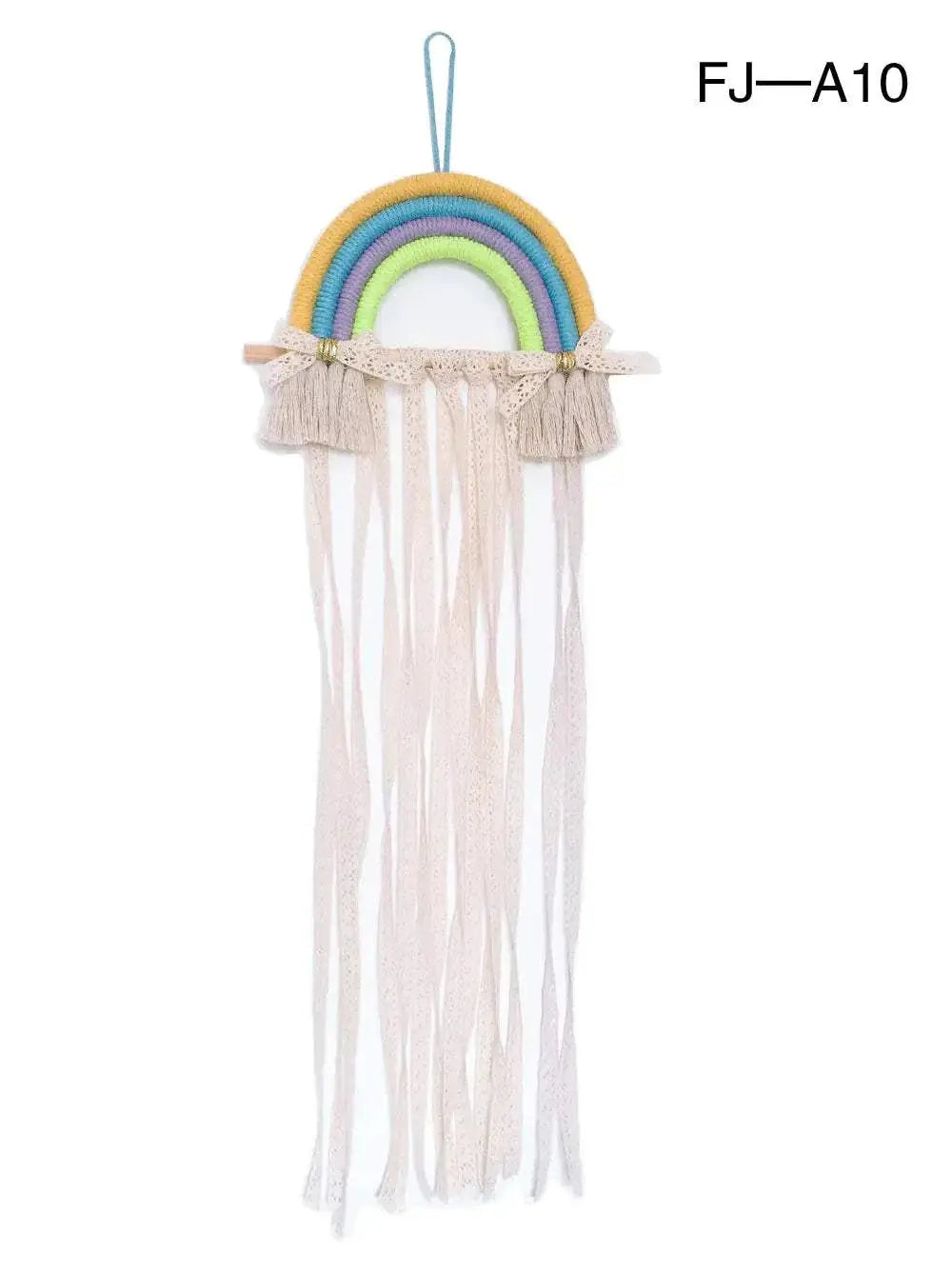 Nordic style woven rainbow hair clip organizer rack with hanging cotton rope and long fabric strands