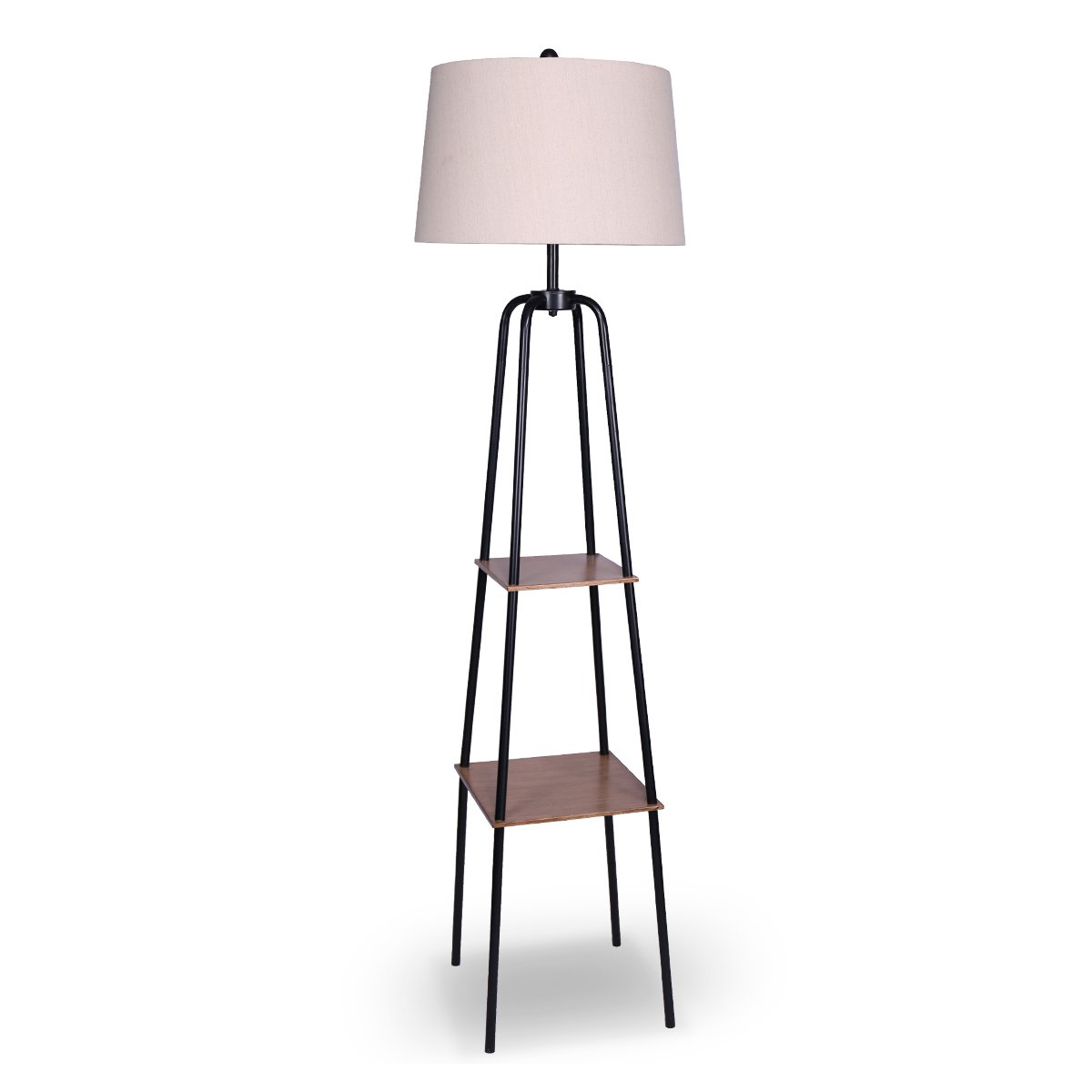 Sarantino Metal Etagere Floor Lamp Shade Metal Shelf in Wood Finish.