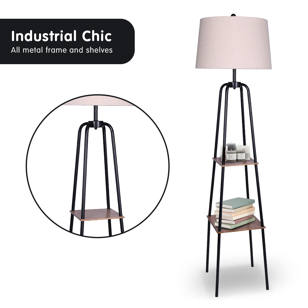 Sarantino Metal Etagere Floor Lamp Shade Metal Shelf in Wood Finish.