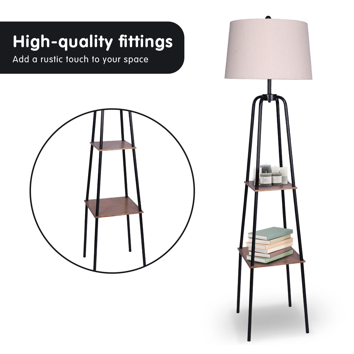 Sarantino Metal Etagere Floor Lamp Shade Metal Shelf in Wood Finish.