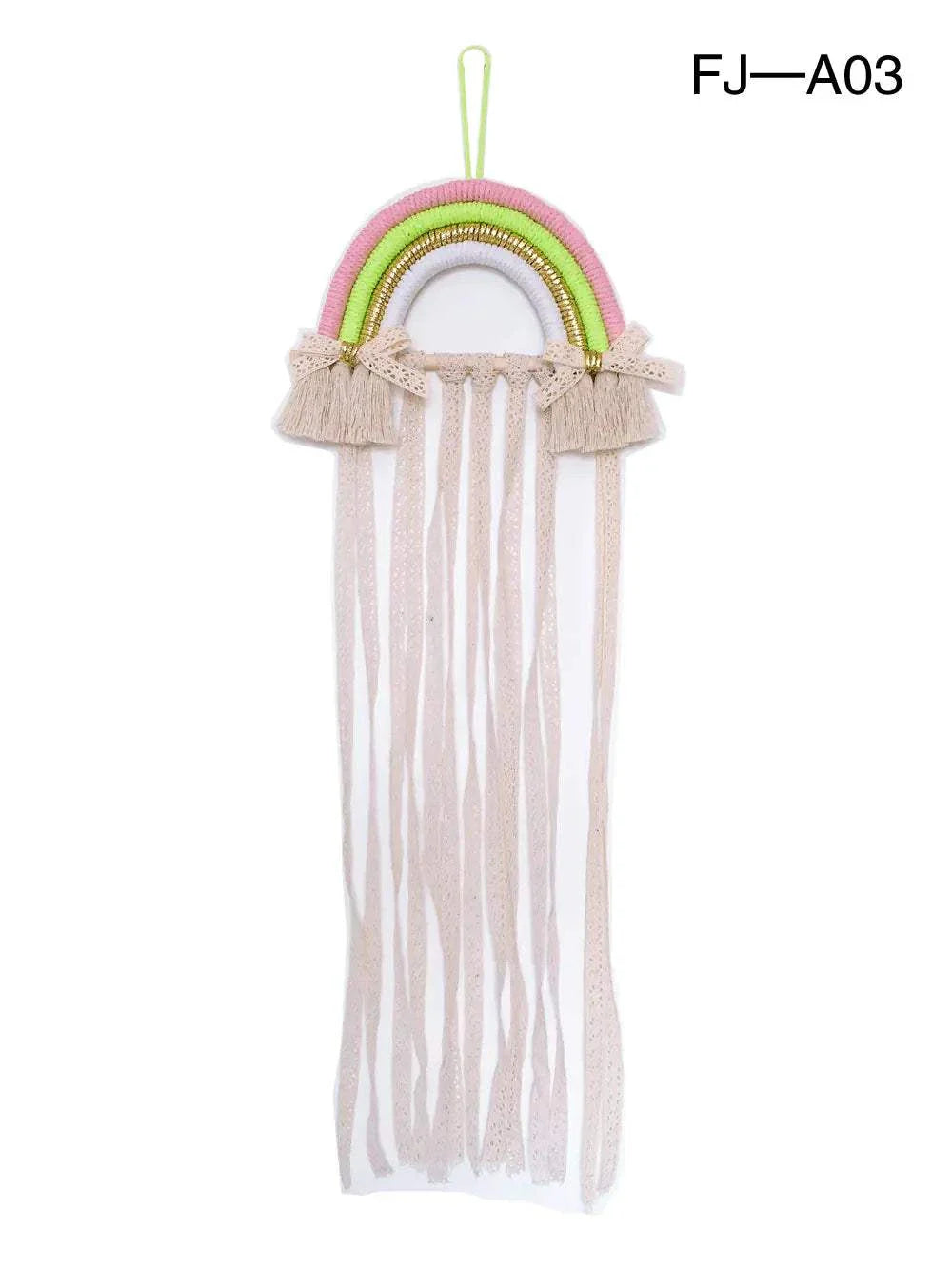 Nordic style woven rainbow hair clip organizer rack with hanging tassels