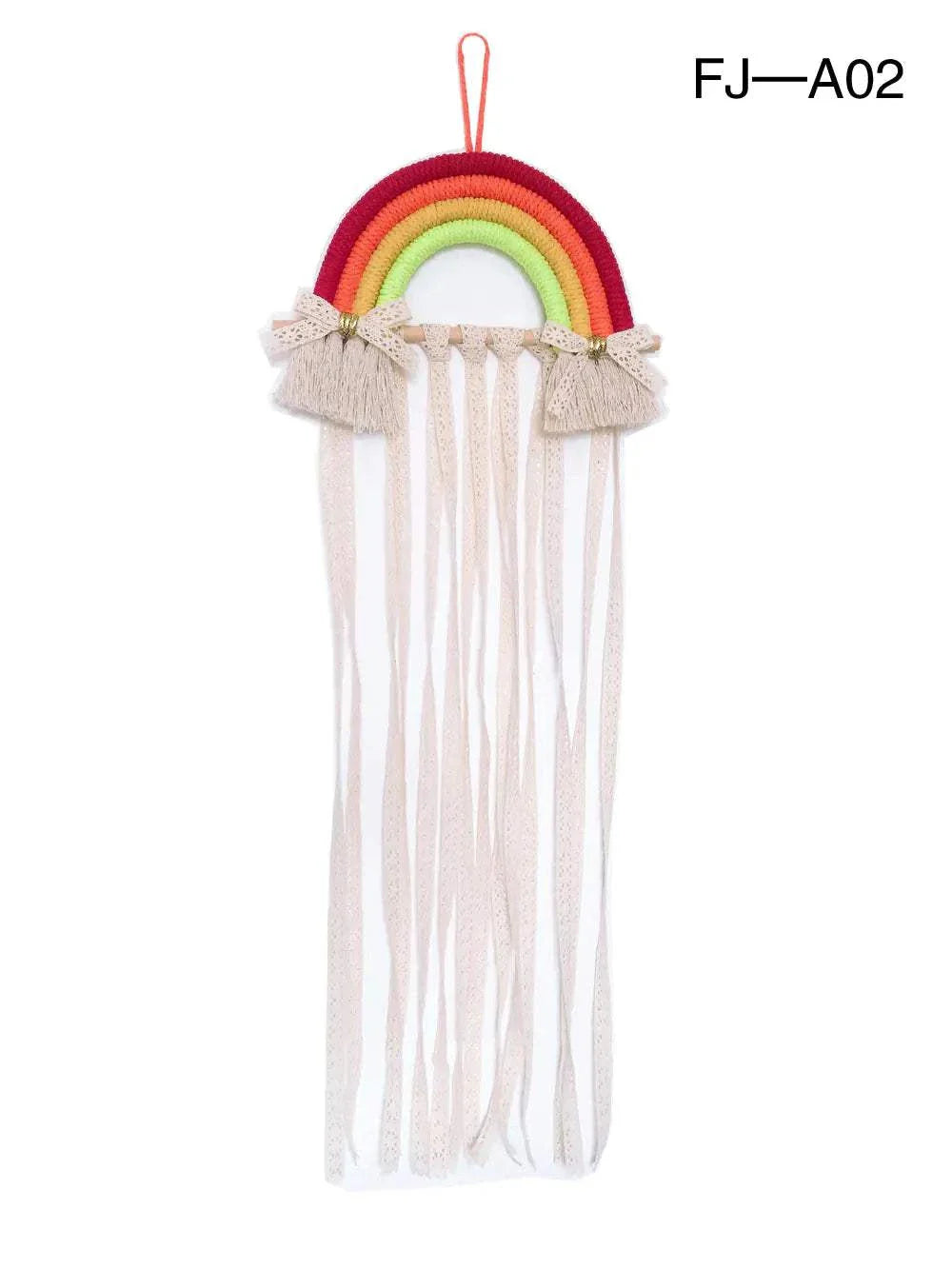 Nordic style woven rainbow hair clip organizer rack with hanging ribbons and cotton rope design