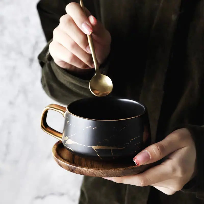 Nordic Gold Trim Ceramic Mug & Saucer
