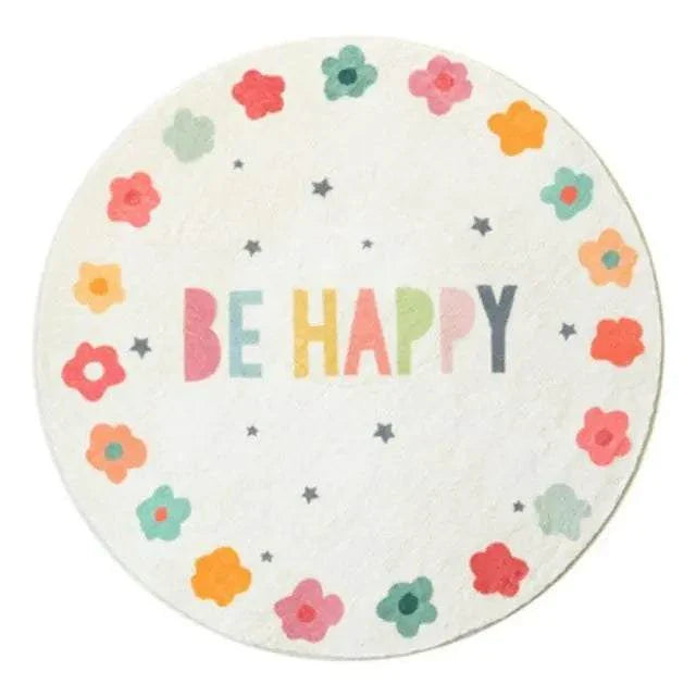 Round cartoon children's bedroom carpet with colorful flower designs and "BE HAPPY" text, soft polyester fiber material
