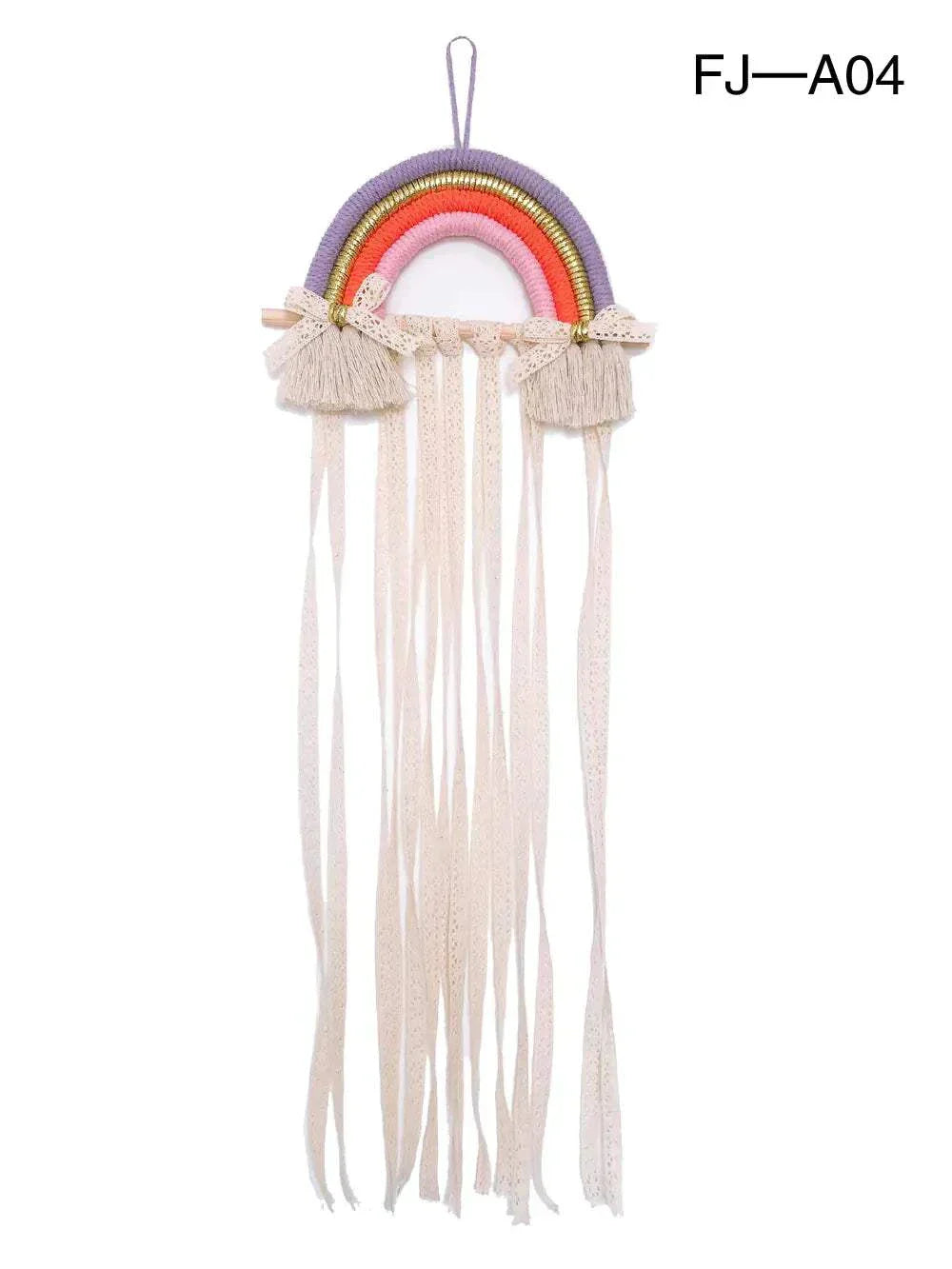 Nordic style woven rainbow hair clip organizer rack with hanging tassels and pastel colors