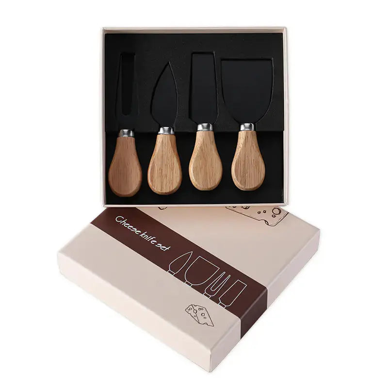 Cheese knife set with stainless steel blades and oak handles in gift box