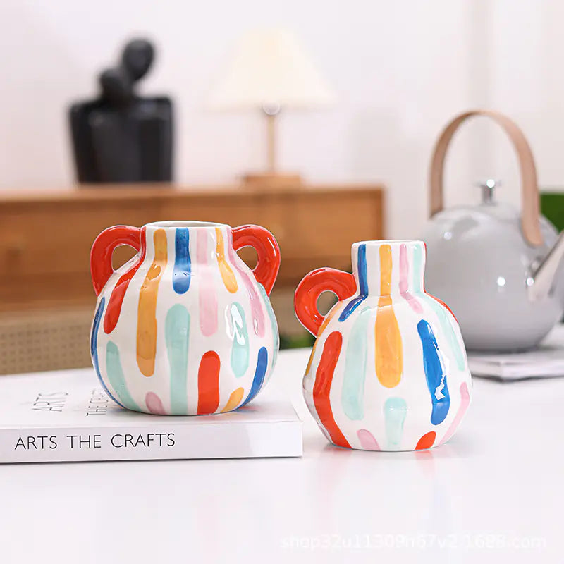 Colorful Ceramic Vase with Cute Vertical Stripes Design
