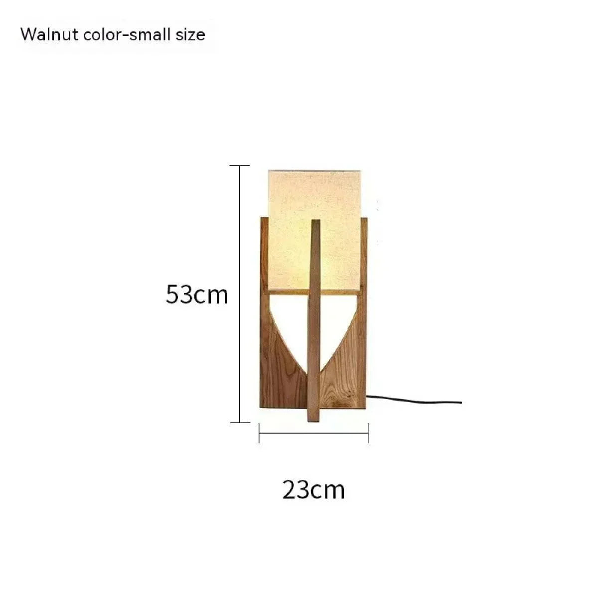 Walnut color small size bedroom bedside wooden decorative table lamp with fabric shade and retro design, 53cm height and 23cm width.