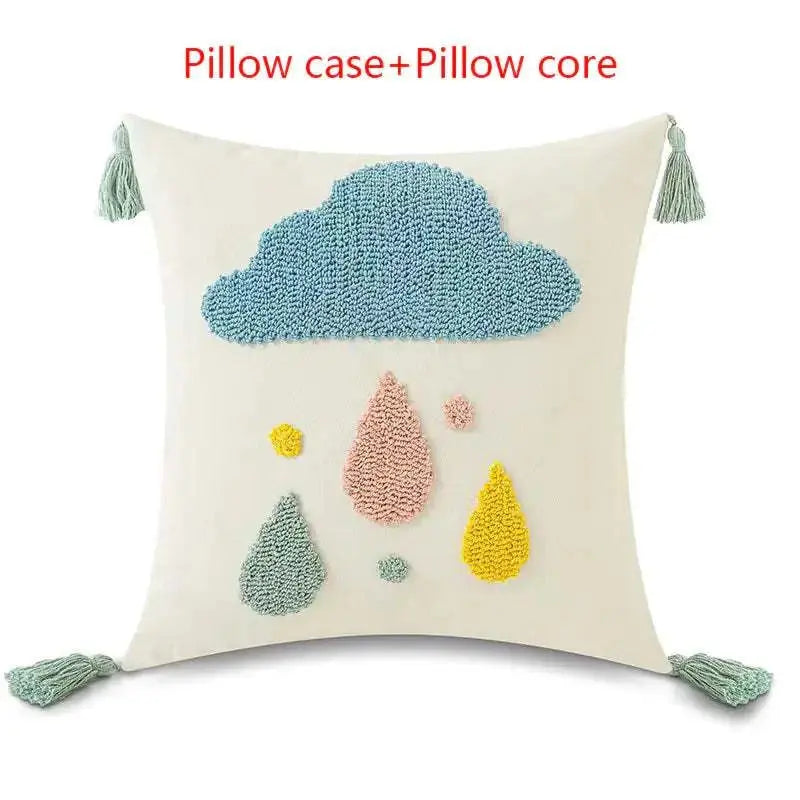 Tufted Loop Pillow Cover with cloud and raindrop design in pastel colors on cream fabric, 45x45cm with tassels on corners