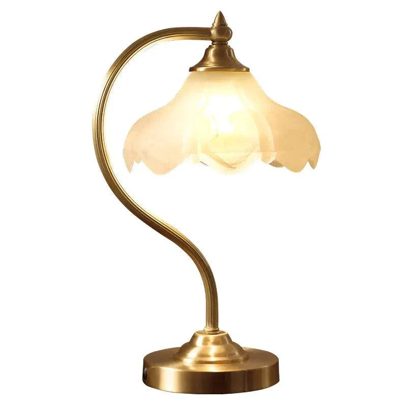 American-style copper decorative table lamp with curved design and frosted glass shade