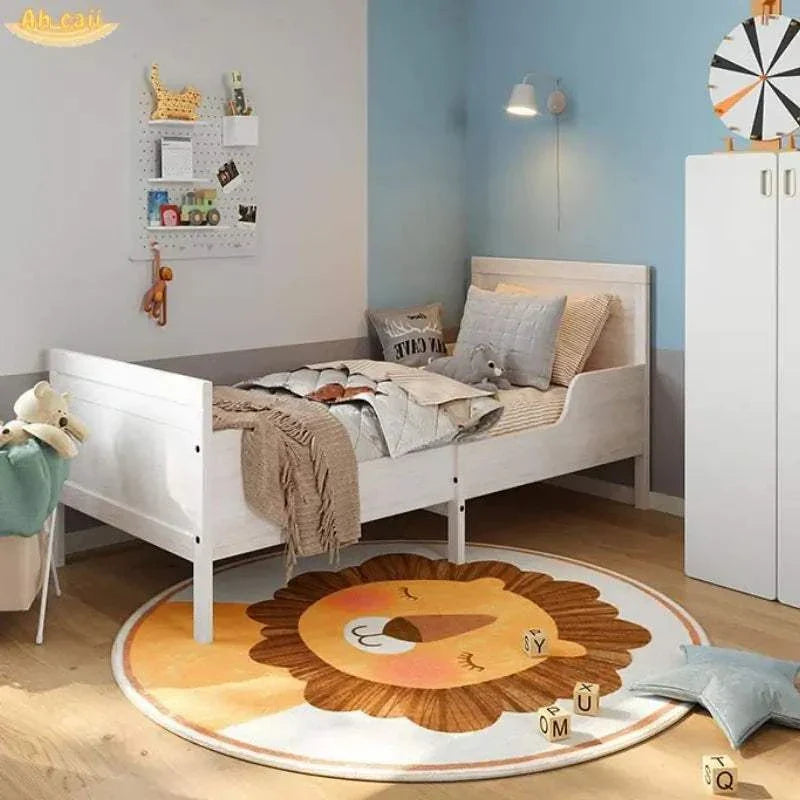 Round cartoon lion plush floor mat in children's bedroom with bed and toys