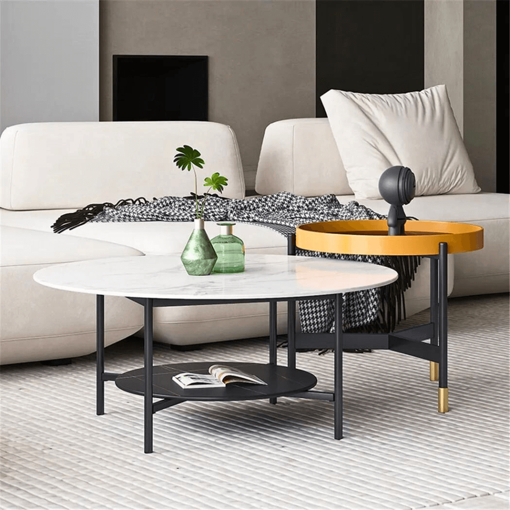 2 Tier Round Sofa Side End Table Marble Coffee Table