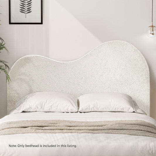 White Boucle Fabric Queen Size Bed Headboard