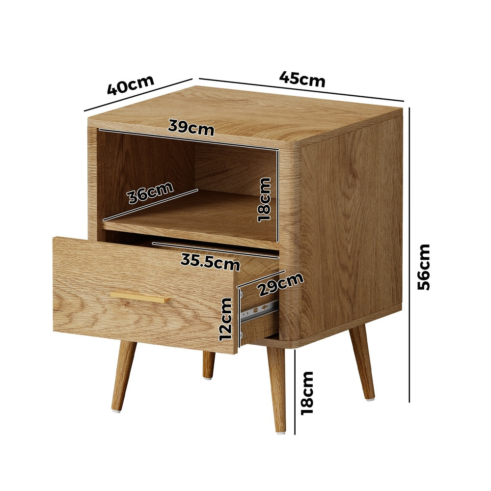 Natural Bedside Table with 1 Drawer and Open Shelf Nightstand