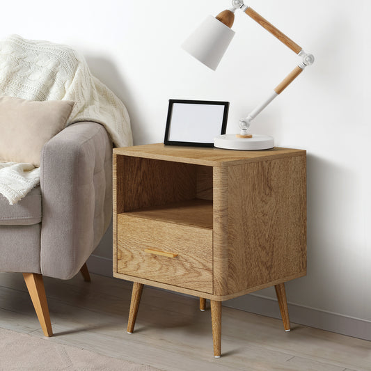 Natural Bedside Table with 1 Drawer and Open Shelf Nightstand