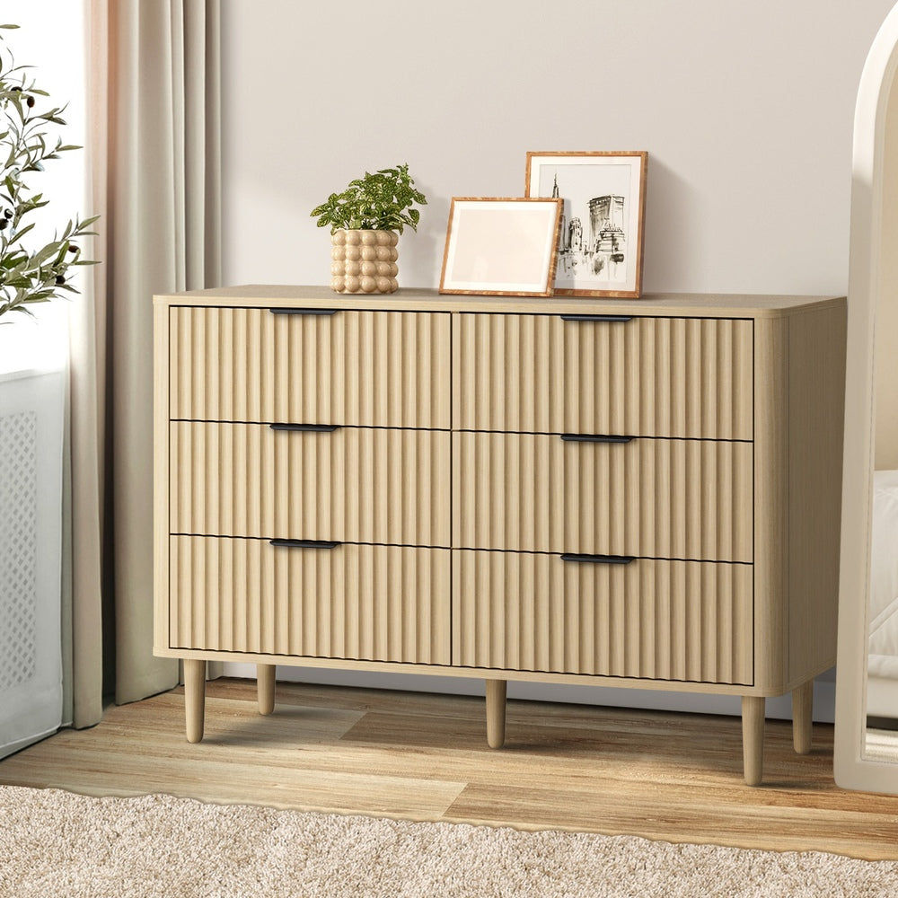Natural 6 Drawer Lowboy Dresser with Stripe Design
