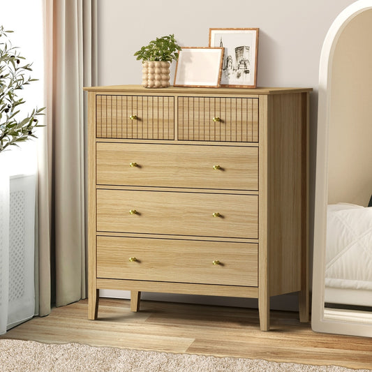 Natural 5 Drawer Tallboy Dresser Storage Cabinet