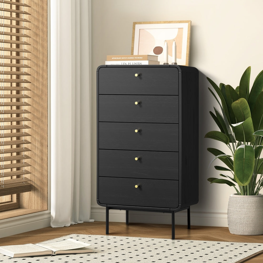 Black 5 Drawer Tallboy Dresser with Metal Handles