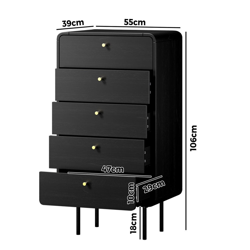 Black 5 Drawer Tallboy Dresser with Metal Handles