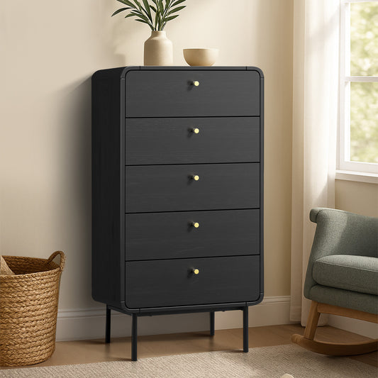 Black 5 Drawer Tallboy Dresser with Metal Handles