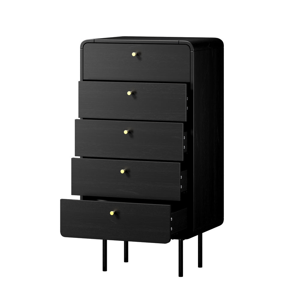 Black 5 Drawer Tallboy Dresser with Metal Handles