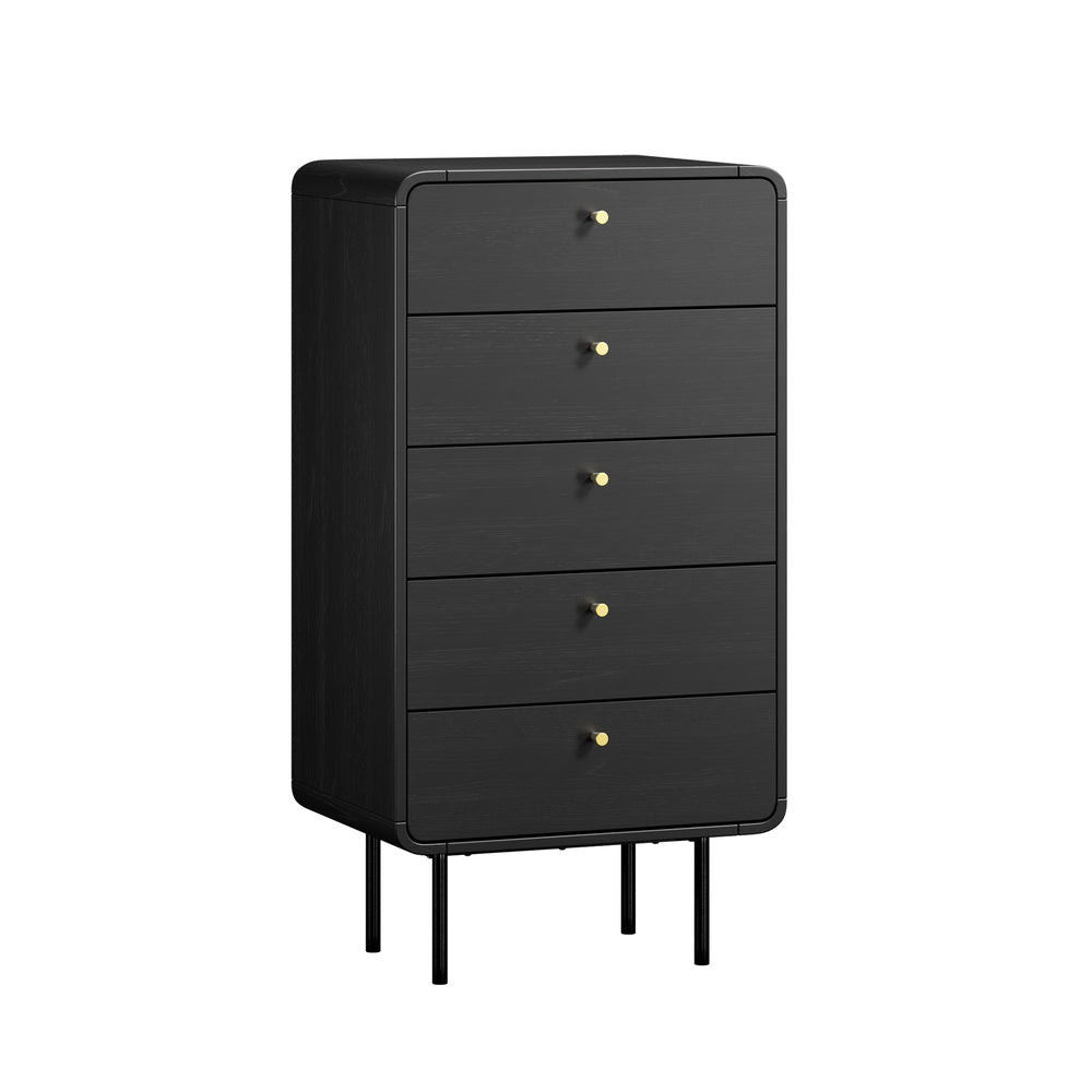 Black 5 Drawer Tallboy Dresser with Metal Handles