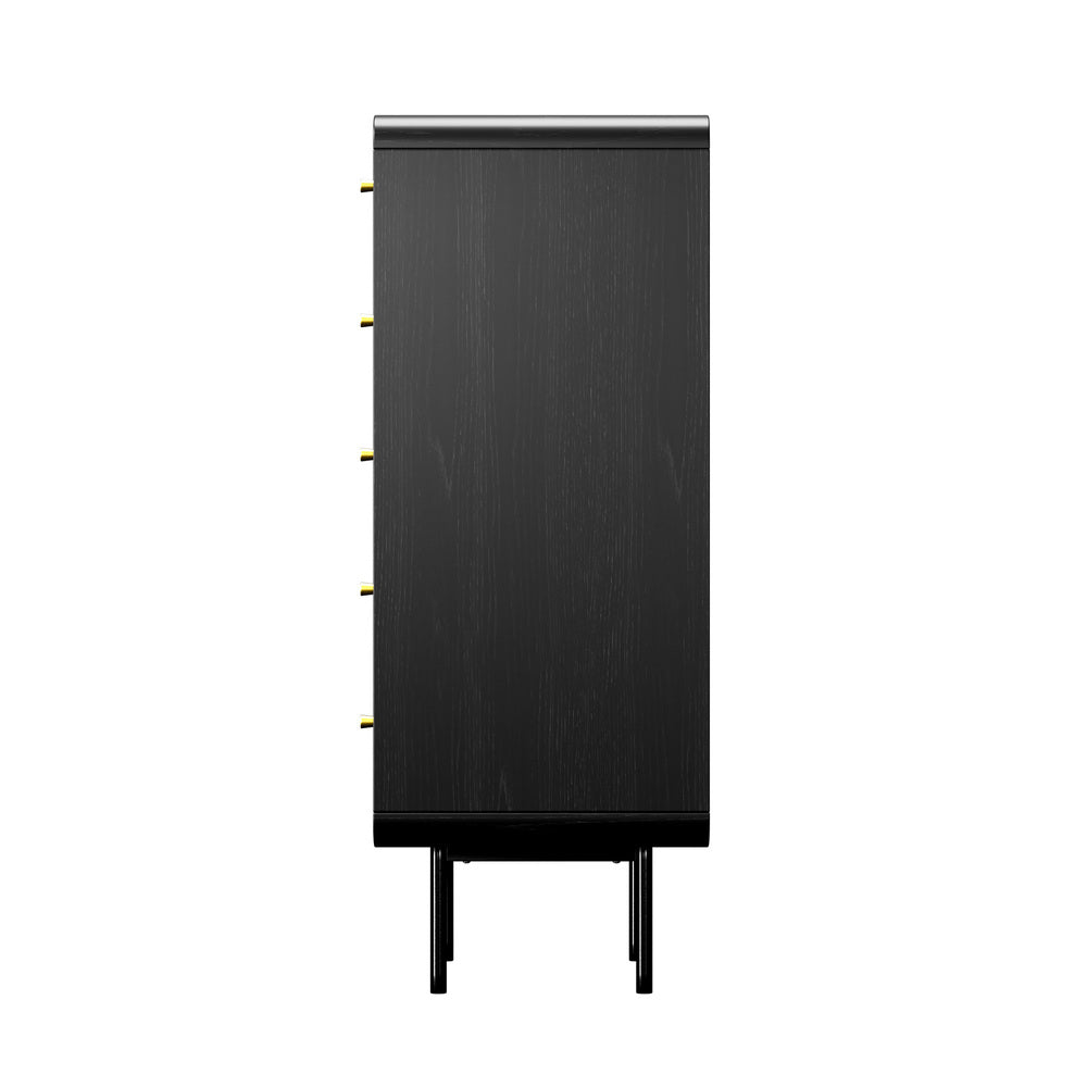 Black 5 Drawer Tallboy Dresser with Metal Handles