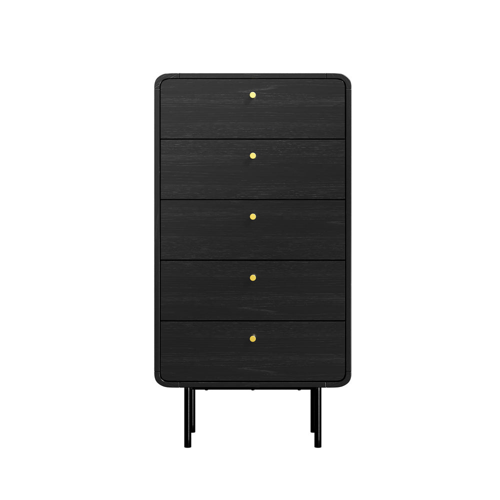 Black 5 Drawer Tallboy Dresser with Metal Handles