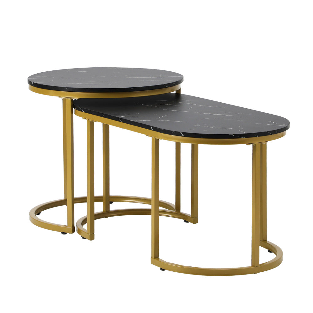 Set of 2 Black and Gold Coffee Tables with Marble Effect