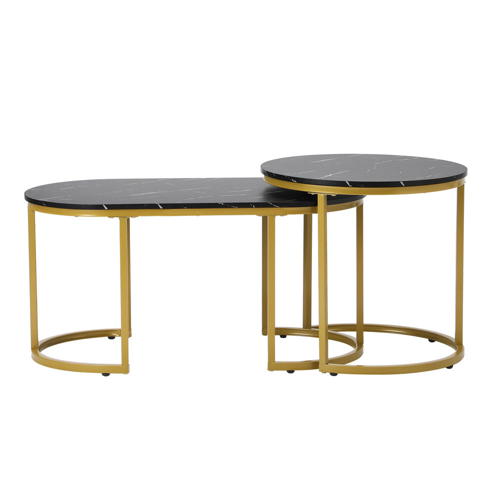 Set of 2 Black and Gold Coffee Tables with Marble Effect