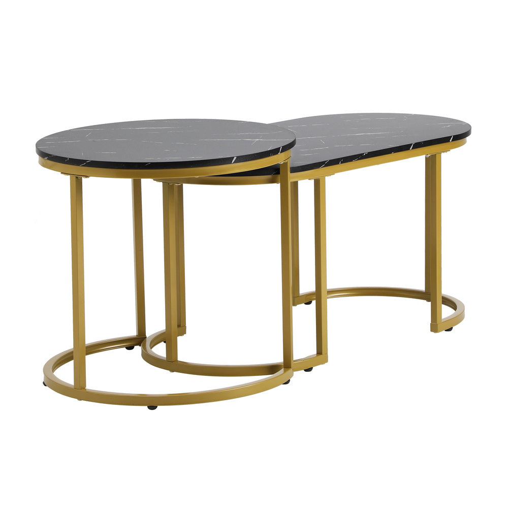 Set of 2 Black and Gold Coffee Tables with Marble Effect