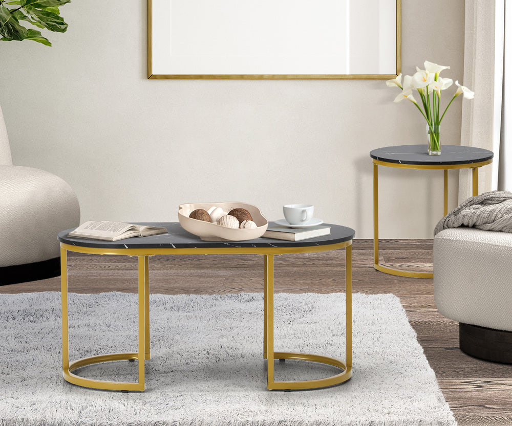 Set of 2 Black and Gold Coffee Tables with Marble Effect