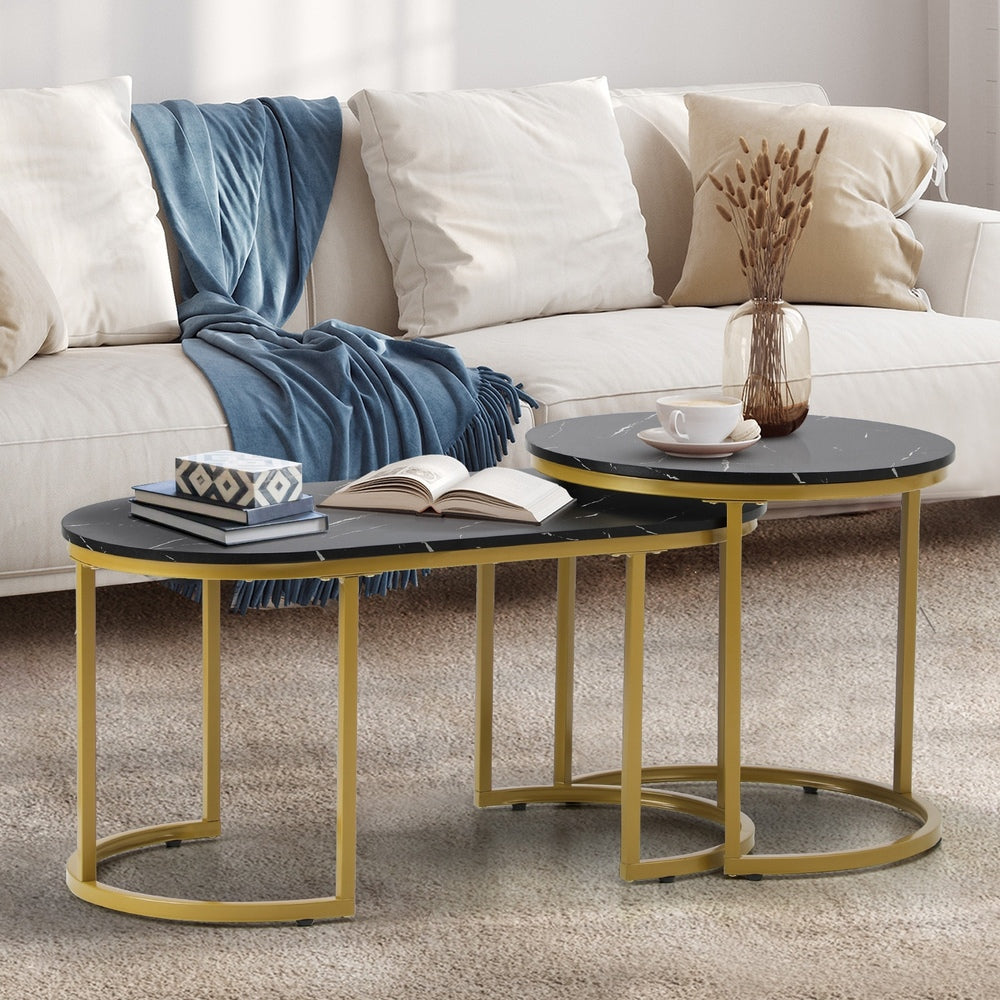 Set of 2 Black and Gold Coffee Tables with Marble Effect