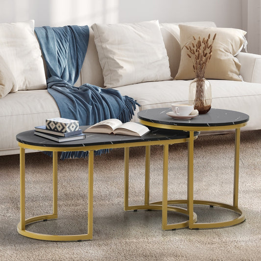 Set of 2 Black and Gold Coffee Tables with Marble Effect