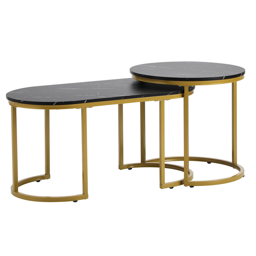 Set of 2 Black and Gold Coffee Tables with Marble Effect