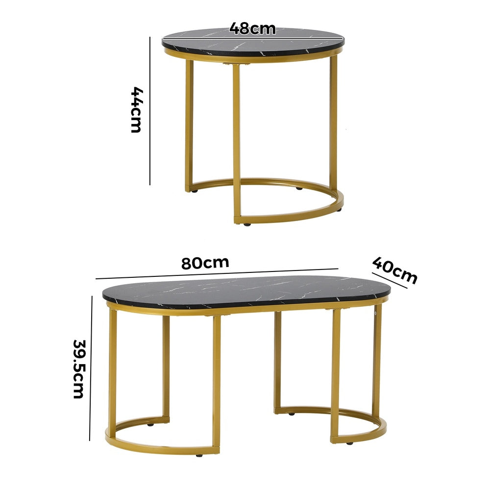 Set of 2 Black and Gold Coffee Tables with Marble Effect