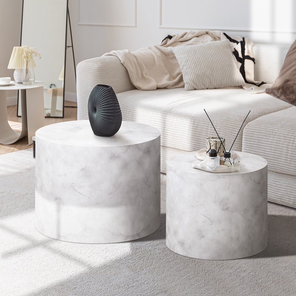 Set of 2 White Marble Effect Round Coffee Tables