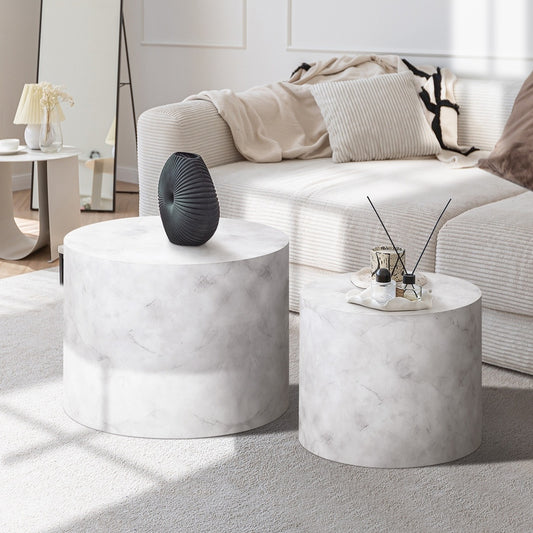 Set of 2 White Marble Effect Round Coffee Tables