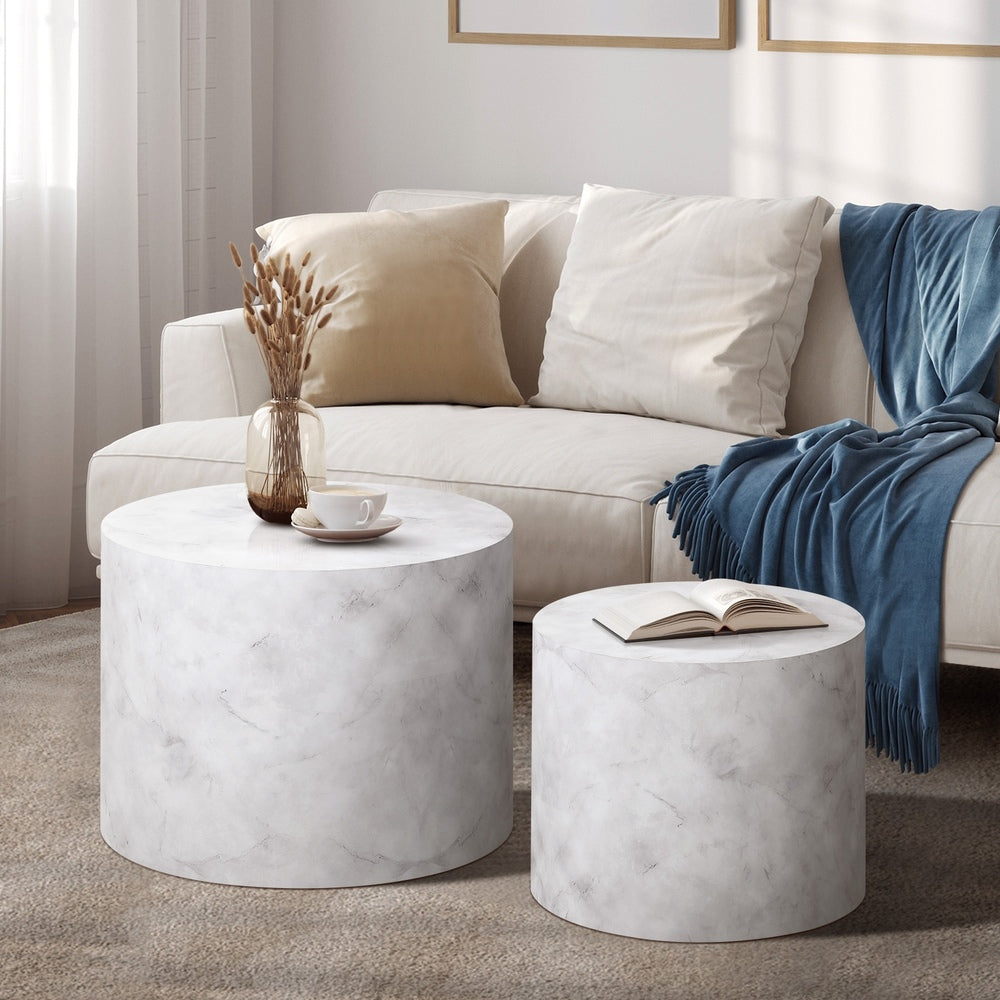 Set of 2 White Marble Effect Round Coffee Tables