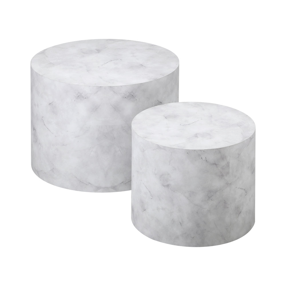 Set of 2 White Marble Effect Round Coffee Tables